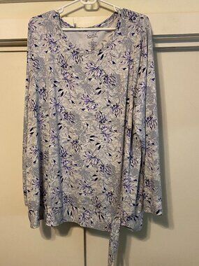 Croft & Barrow, long sleeve, gray, white & purple tunic w/front knot, size 2X